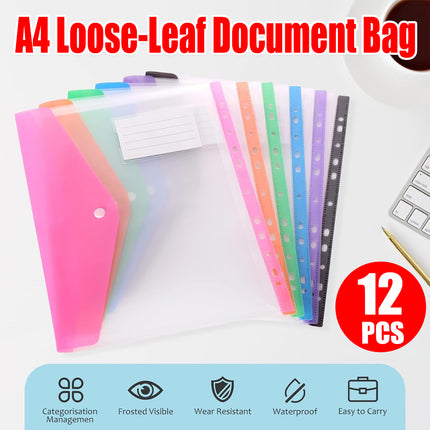 12 PCS A4 Binder Pouch 11Hole Vertical File Bag Waterproof For Document Storage