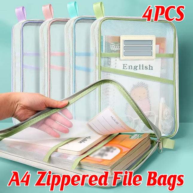 4PCS A4 Clear Zipper File Storage Bags Large Capacity for Documents Books Papers