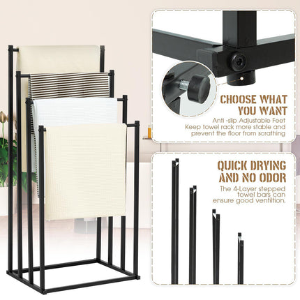 4 Bar Metal Vertical Towel Storage Rack 44x30x96cm Durable for Bathroom Bedroom
