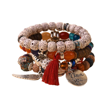 Boho Multilayer Bracelet Set with Turquoise Crystal Tassel and Charms for Women