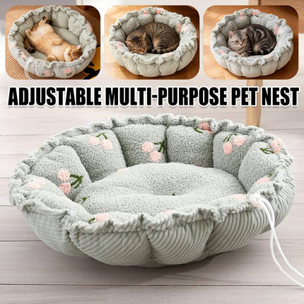Round Plush Pet Bed Adjustable Drawstring Nest Mat Reversible Soft Cushion