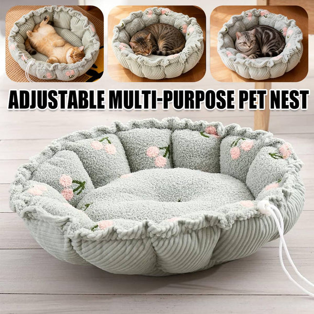 Round Plush Pet Bed Adjustable Drawstring Nest Mat Reversible Soft Cushion