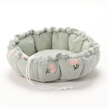 Round Plush Pet Bed Adjustable Drawstring Nest Mat Reversible Soft Cushion