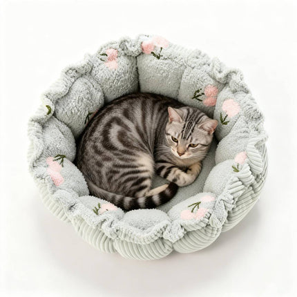 Round Plush Pet Bed Adjustable Drawstring Nest Mat Reversible Soft Cushion
