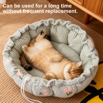 Round Plush Pet Bed Adjustable Drawstring Nest Mat Reversible Soft Cushion