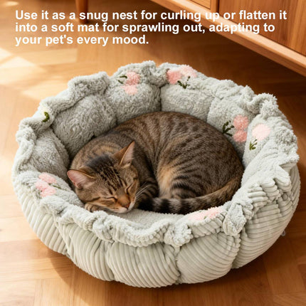 Round Plush Pet Bed Adjustable Drawstring Nest Mat Reversible Soft Cushion