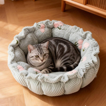 Round Plush Pet Bed Adjustable Drawstring Nest Mat Reversible Soft Cushion
