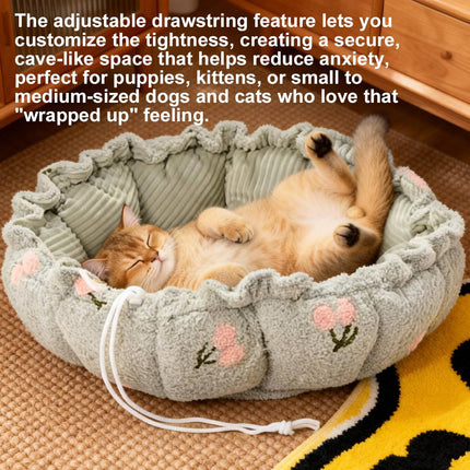 Round Plush Pet Bed Adjustable Drawstring Nest Mat Reversible Soft Cushion