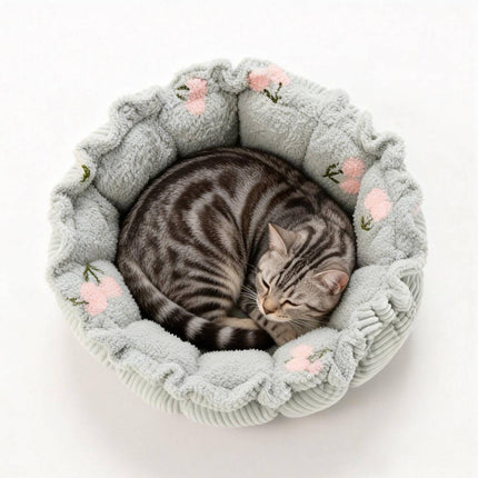 Round Plush Pet Bed Adjustable Drawstring Nest Mat Reversible Soft Cushion