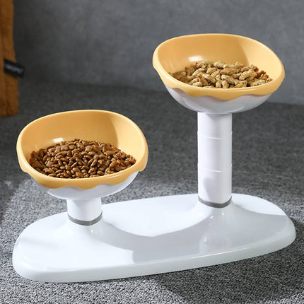 Adjustable Dual Height Pet Bowl Stand Yellow White