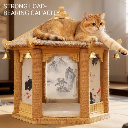 2 in 1 Ancient Pavilion Cat Nest and Scratch Post Modern House Pet Bed Toy