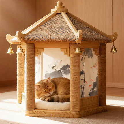 2 in 1 Ancient Pavilion Cat Nest and Scratch Post Modern House Pet Bed Toy