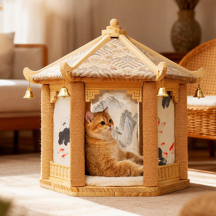 2 in 1 Ancient Pavilion Cat Nest and Scratch Post Modern House Pet Bed Toy