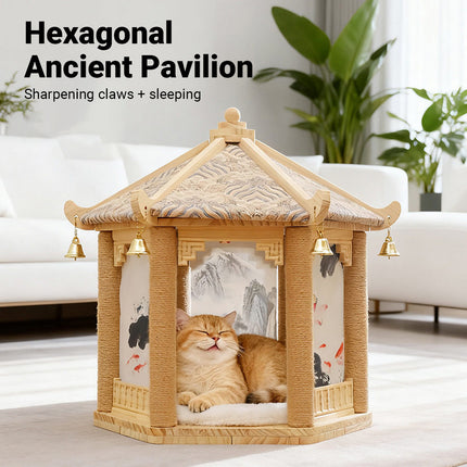 2 in 1 Ancient Pavilion Cat Nest and Scratch Post Modern House Pet Bed Toy