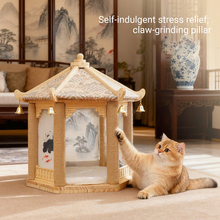 2 in 1 Ancient Pavilion Cat Nest and Scratch Post Modern House Pet Bed Toy