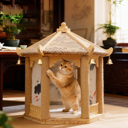 2 in 1 Ancient Pavilion Cat Nest and Scratch Post Modern House Pet Bed Toy