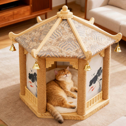 2 in 1 Ancient Pavilion Cat Nest and Scratch Post Modern House Pet Bed Toy