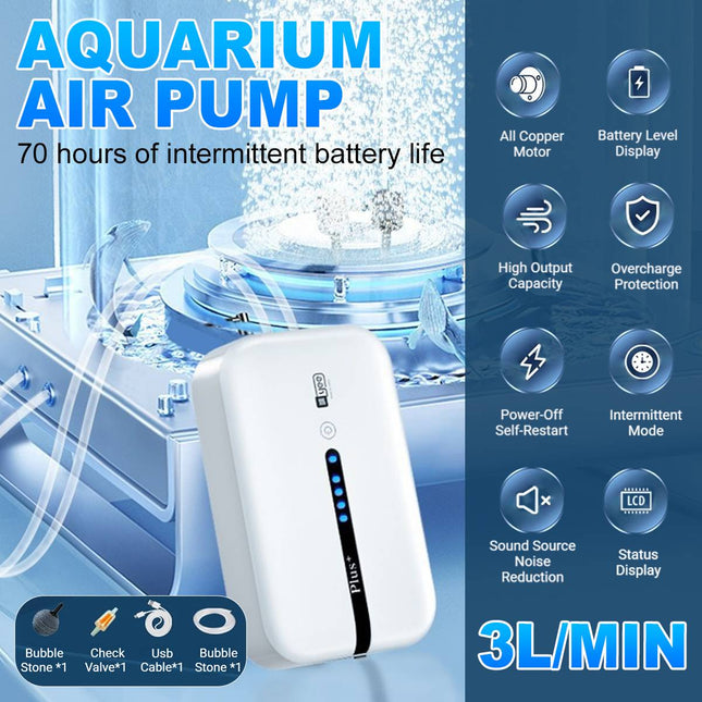 Rechargeable Aquarium Air Pump 3L Output LCD Display 70 Hour Battery Life