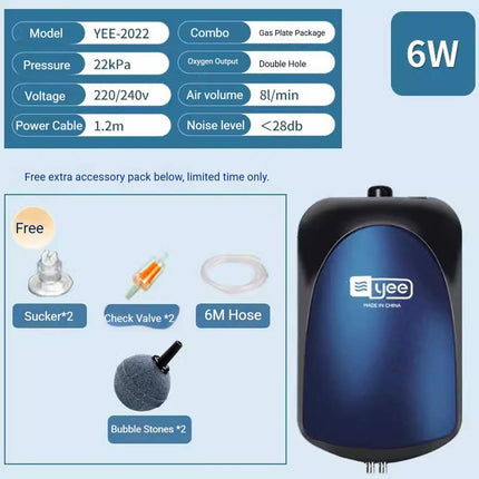 Aquarium Air Pump 6W Adjustable Single Outlet with Hose and Air Stones