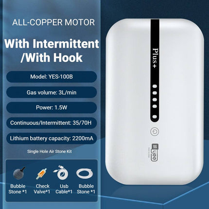 Rechargeable Aquarium Air Pump 3L Output LCD Display 70 Hour Battery Life