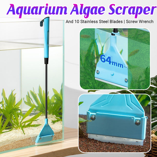Long handle aquarium algae scraper with 64mm widened scraper head and 10 stainless steel blades for fish tank glass
