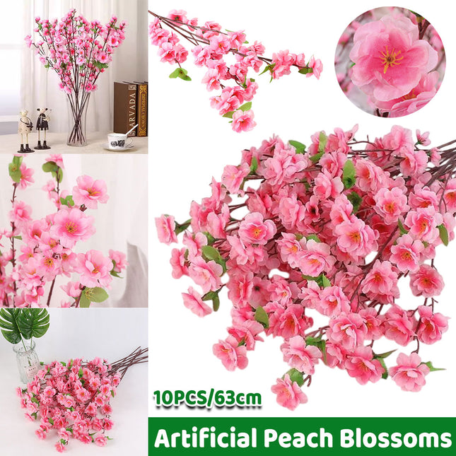 10PCS Artificial Peach Blossom Branches Realistic Pink Flower for Wedding Party