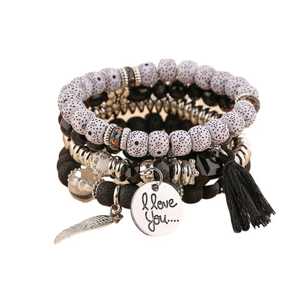 Boho Multilayer Bracelet Set with Turquoise Crystal Tassel and Charms for Women