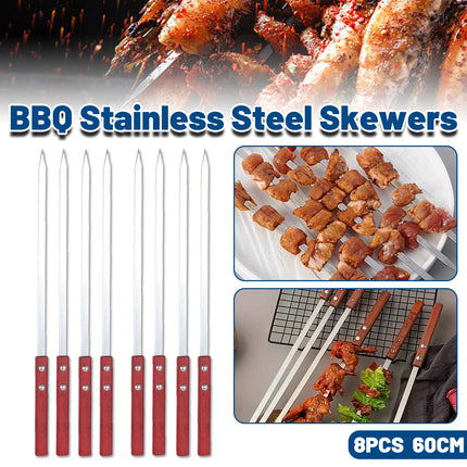 Stainless Steel BBQ Large Wooden Handle Flat Skewer Heat Resistant Easy Clean