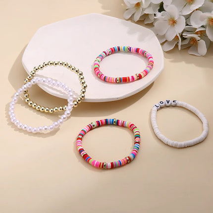 Boho Clay Bead Pearl Bracelet Set Women Stackable 5PCS Love Letter Jewellery