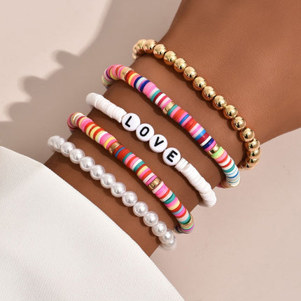 Boho Clay Bead Pearl Bracelet Set Women Stackable 5PCS Love Letter Jewellery