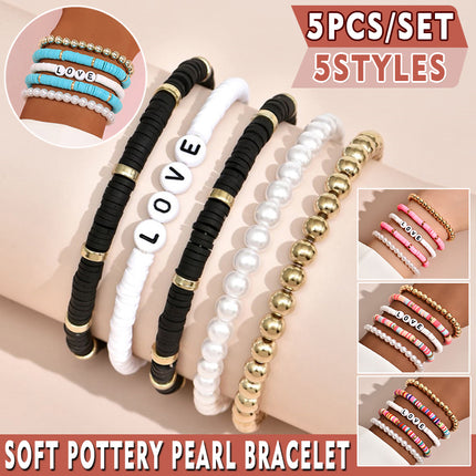 Boho Clay Bead Pearl Bracelet Set Women Stackable 5PCS Love Letter Jewellery