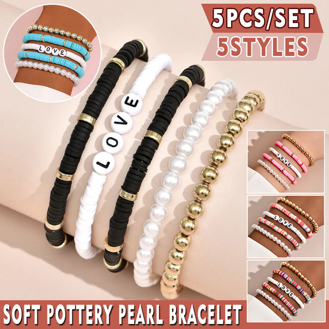 Boho Clay Bead Pearl Bracelet Set Women Stackable 5PCS Love Letter Jewellery