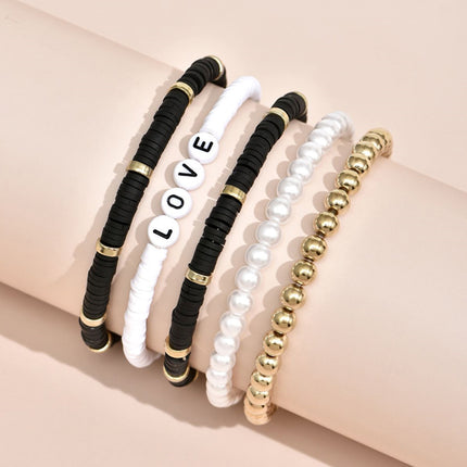 Boho Clay Bead Pearl Bracelet Set Women Stackable 5PCS Love Letter Jewellery