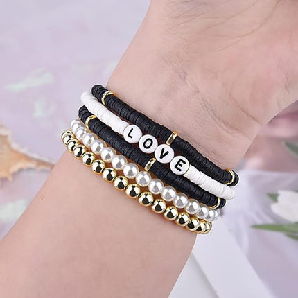 Boho Clay Bead Pearl Bracelet Set Women Stackable 5PCS Love Letter Jewellery