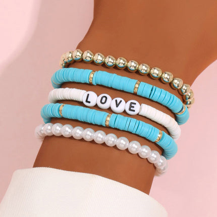 Boho Clay Bead Pearl Bracelet Set Women Stackable 5PCS Love Letter Jewellery