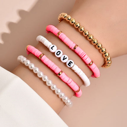Boho Clay Bead Pearl Bracelet Set Women Stackable 5PCS Love Letter Jewellery