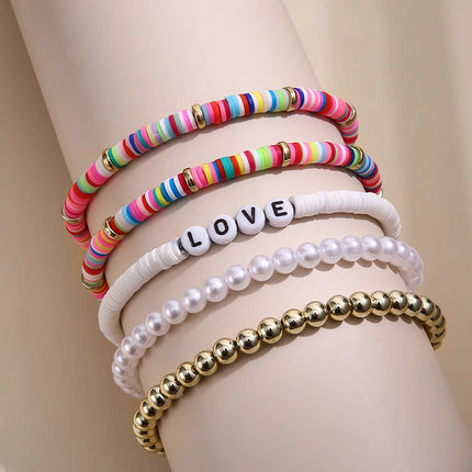 Boho Clay Bead Pearl Bracelet Set Women Stackable 5PCS Love Letter Jewellery
