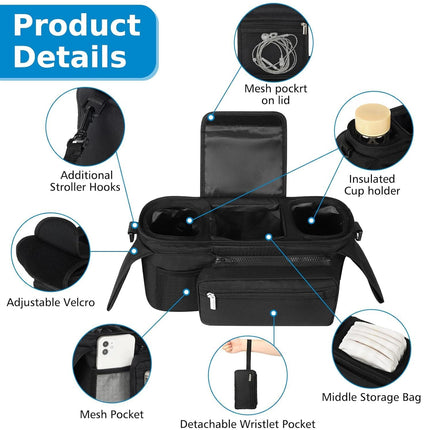 Universal Stroller Organizer Bag Trolley Storage with Multi Pockets and Cup Holders