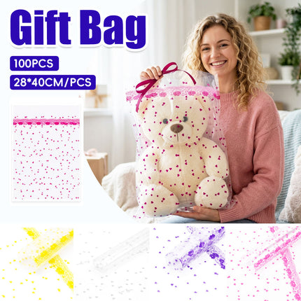 Clear Heart Print Plush Gift Bags 100 Pack 28x40cm