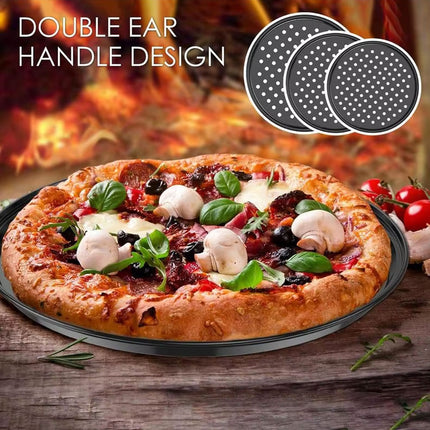 3pcs Pizza Pan Non-Stick Crisper Tray Oven Baking Bakeware With Holes 24-28CM