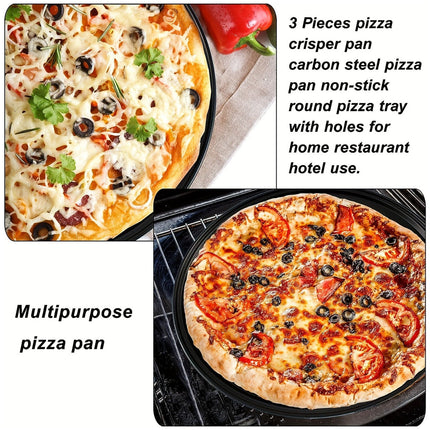 3pcs Pizza Pan Non-Stick Crisper Tray Oven Baking Bakeware With Holes 24-28CM