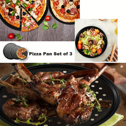 3pcs Pizza Pan Non-Stick Crisper Tray Oven Baking Bakeware With Holes 24-28CM