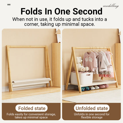 Folding Bamboo Clothes Hanger with Storage Shelf Space Saving Durable Sturdy