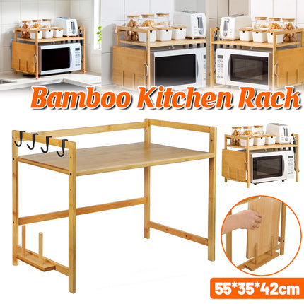2 Tier Bamboo Microwave Oven Stand Rack Kitchen Condiment Holder with Hooks