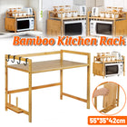 2 Tier Bamboo Microwave Oven Stand Rack Kitchen Condiment Holder with Hooks