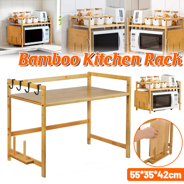 2 Tier Bamboo Microwave Oven Stand Rack Kitchen Condiment Holder with Hooks