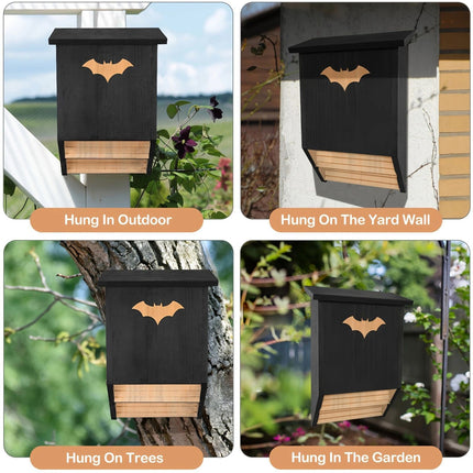Black weatherproof outdoor bat house mounted high on wall or tree - garden bat habitat for natural pest control