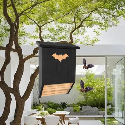 Close-up of wooden bat house opening slot - natural cedar interior for bat roosting and nesting