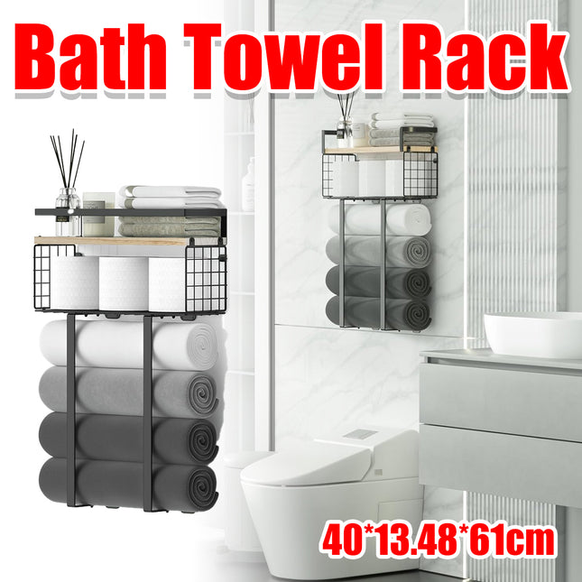 Wall Mounted Bathroom Towel Rack Storage Shelf Multifunctional Holder Organizer