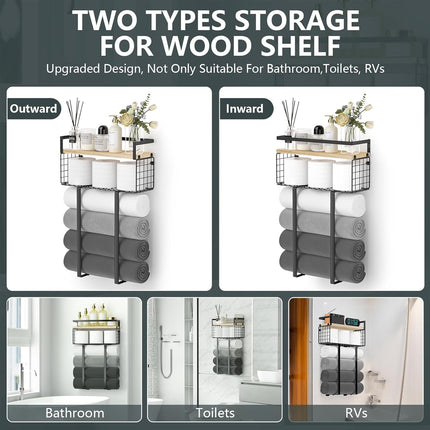 Wall Mounted Bathroom Towel Rack Storage Shelf Multifunctional Holder Organizer